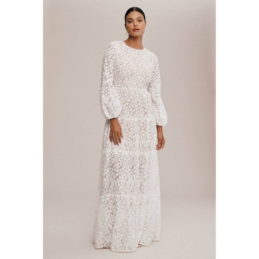 Dress the Population Lyra White Embroidered Tiered Maxi Gown  Puff Sleeve Medium